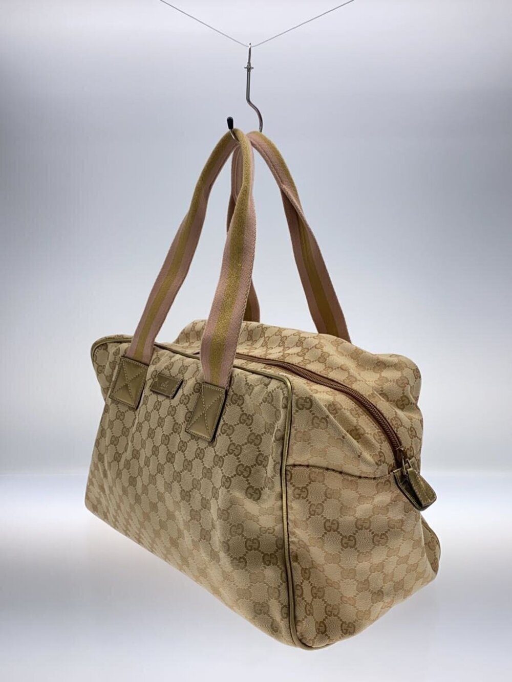 Gucci beige canvas GG monogram Canvas Bag web Boston Tan